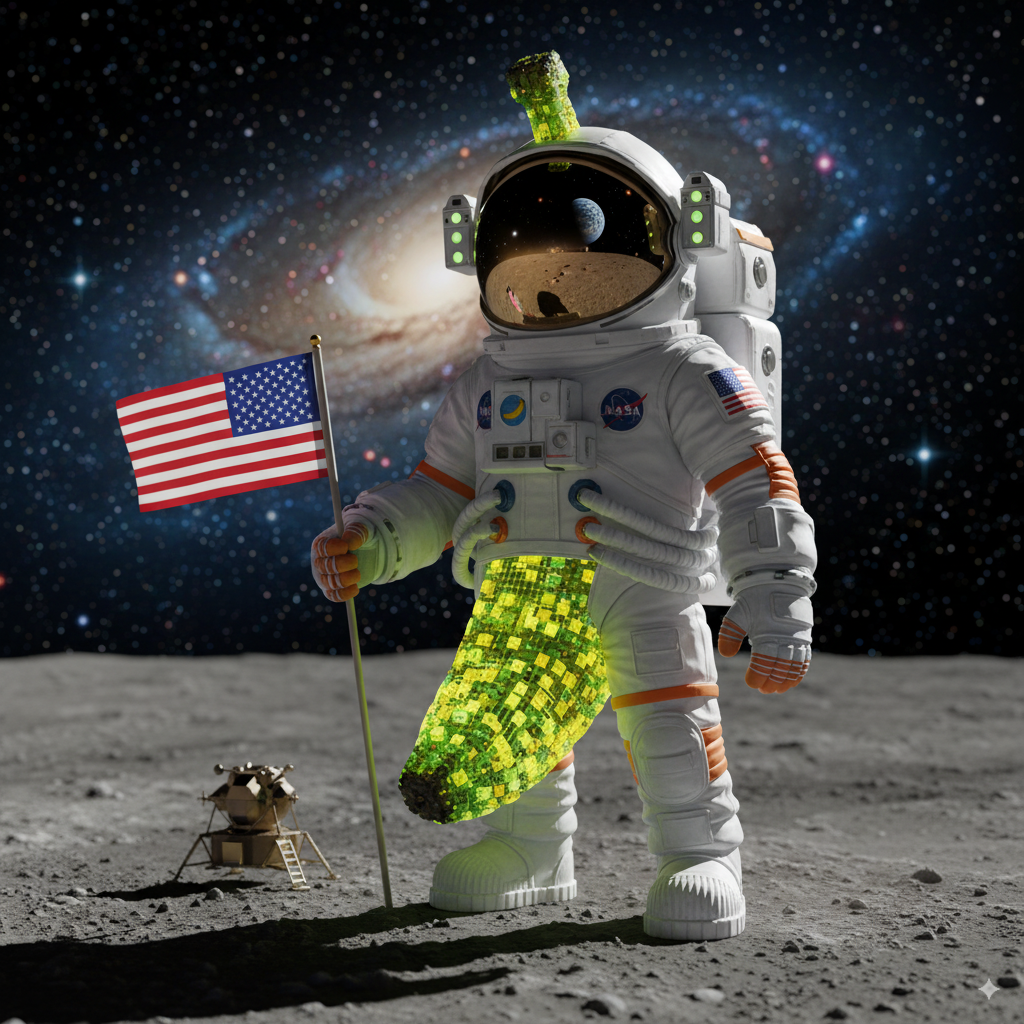A cartoon astronaut in a white NASA-style spacesuit stands on the lunar surface, a small green nano-banana on his head. His visor reflects the Earth and the lunar surface, and he holds an American flag in his right hand. Details of the mission insignia can be seen on the suit. The astronaut's lower body is replaced by a glowing green pixelated nano-banana. The background features a starry universe and a spiral galaxy. A lunar module is visible in the back left.
